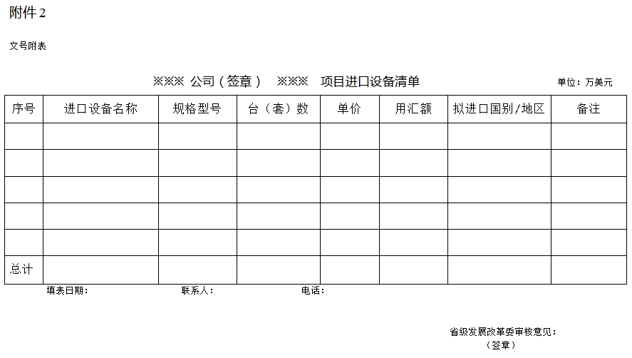 项目进口设备清单（格式）